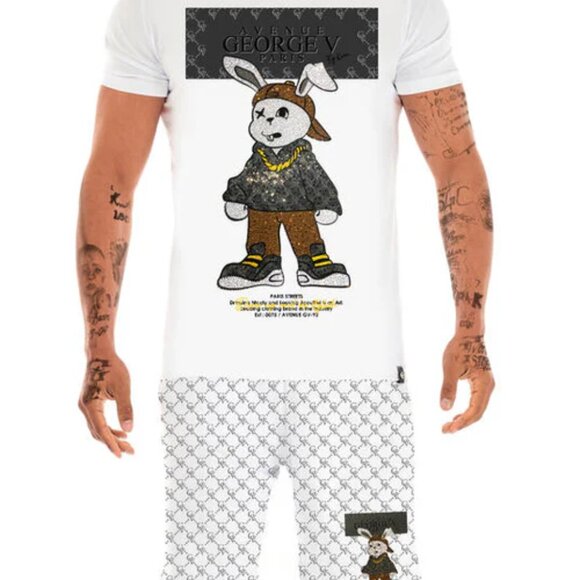 Avenue George V Paris Short Set Men's White 2 piece set Rabbit Rhinestone XL - Picture 4 of 9